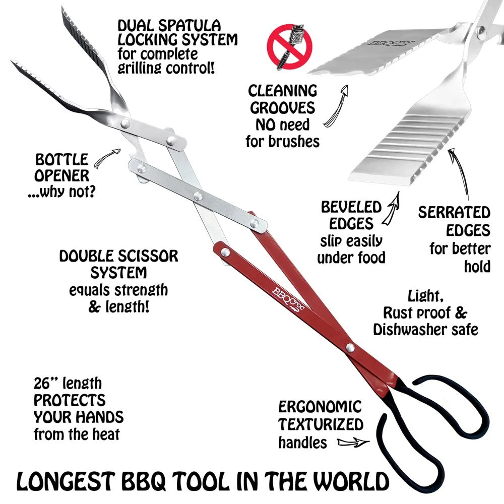 BBQ Croc Grilling Tools & Accessories 3 in 1 barbecue tool, 26 in. Red Aluminum Scissor-style Tongs 5 BBQ Croc Grilling Tools & Accessories 3 in 1 barbecue tool, 26 in. Red Aluminum Scissor-style Tongs - Image 5