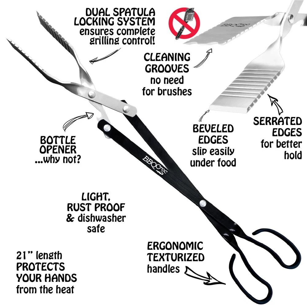 BBQ Croc Grilling Tools & Accessories 3 in 1 barbecue tool, 21 in. Black Aluminum Scissor-style Tongs 5 BBQ Croc Grilling Tools & Accessories 3 in 1 barbecue tool, 21 in. Black Aluminum Scissor-style Tongs - Image 5